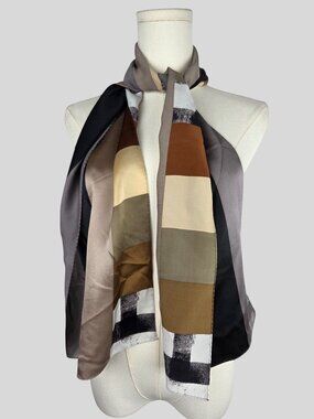 Vintage ECHO 100% Silk Long Scarf Geometric Block Print Earth Tones EUC 11"X58"